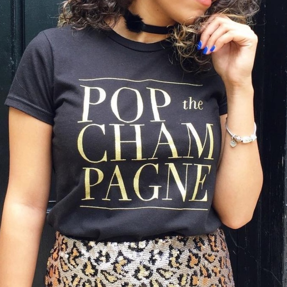 T&J Designs Pop the Champagne Black and Gold Short Sleeve Tee Shirt